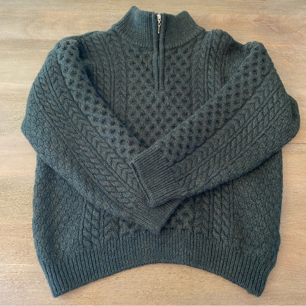 Blarney Woollen Mills Ireland 100% Merino Wool Aran Green Half Zip Size L - Picture 5 of 11